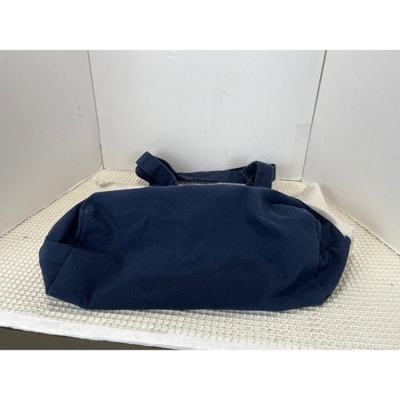 Trader Joe's Canvas Tote Bag Navy Blue Cream Embroidered Logo Reusable - Picture 3 of 9